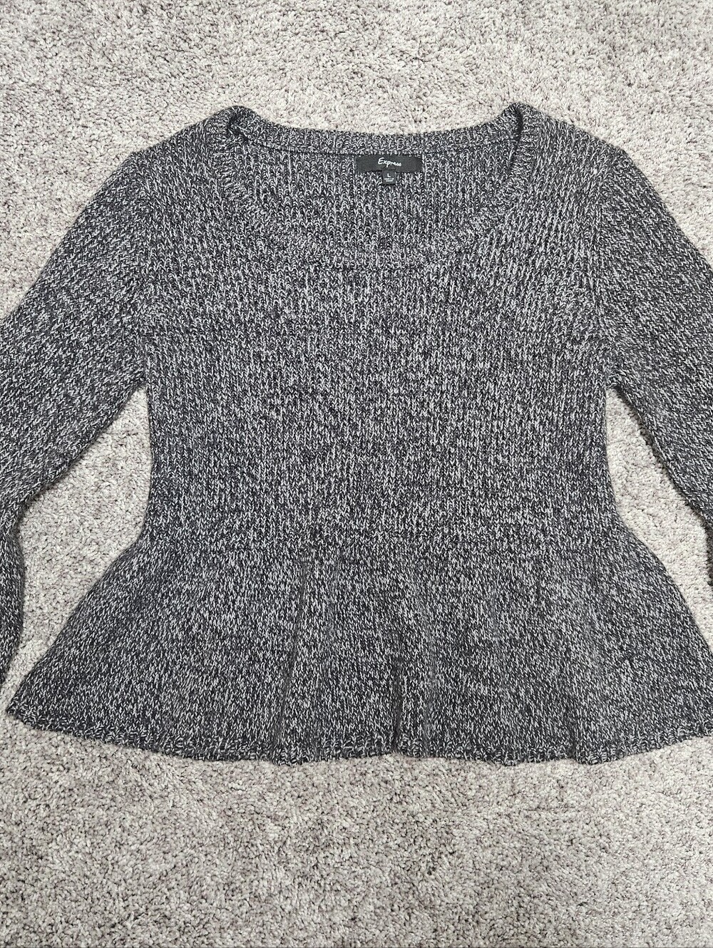 Express Women's Black & White Marled Scoop Neck Peplum Bell Sleeve Sweater Large